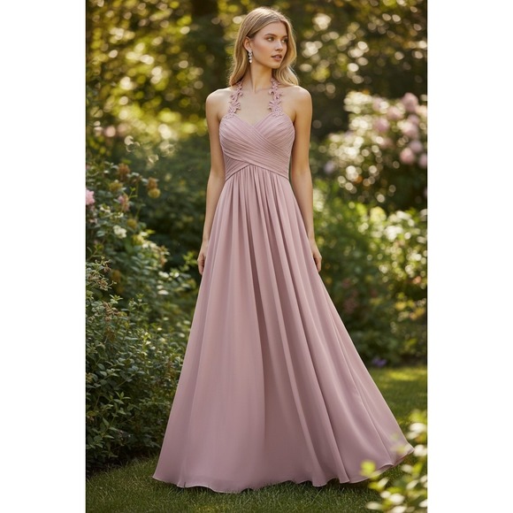 JJ's House Dresses & Skirts - JJ's House Dusty Rose Chiffon Lace Halter Neck Formal Evening Gown Dress